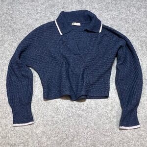SO Goods For Life Blue Marled Cropped Polo Sweater Lavender Trim Y2K XS
